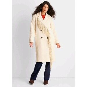 Future Collective Notched Lapel Double Breasted Fringe Coat Cream Medium